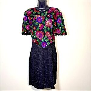 Vintage Scala Size M Cocktail Dress Black floral fully beaded knee length